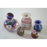 Large Murano glass scent bottle and one other signed, plus two Gozo vases and one blown glass paperw