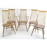 5 Ercol Goldsmith dining chairs. 4x model 369 1x model 369a. Natural finish, with vintage blue label