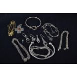 Mixed silver jewellery, inc. two cuff bracelets, three neck chains, bracelet, pendant & misc earring