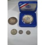 US 1921 dollar, boxed 1986 Liberty coin & three pre-1947 British coins