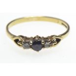 9ct gold, three stone sapphire & clear stone ring, size N/O, 1.3 grams