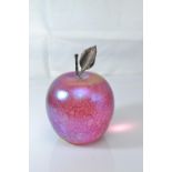 John Ditchfield Glasform iridescent pink glass apple paperweight with hallmarked silver stalk & leaf