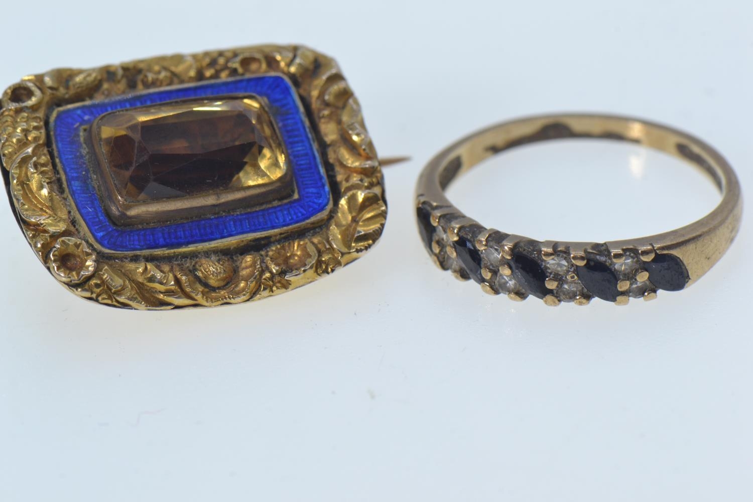 9ct gold, sapphire & diamond half hoop ring, size P, 2 grams, together with a Georgian yellow metal 