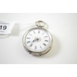 800 silver cased ladies open faced key wind fob watch, engraved to back case with a cartouche, case