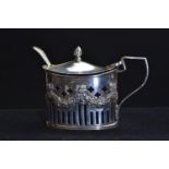 Silver mustard pot, maker WA, Birmingham 1902, with blue glass liner, together with a silver mustard