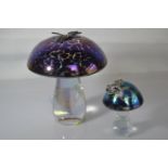 John Ditchfield Glasform iridescent glass mushroom paperweight with applied hallmarked silver dragon