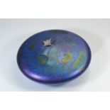 John Ditchfield Glasform iridescent glass lily pad paperweight with applied hallmarked silver butter