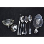 Two HM silver teaspoons, gross weight 46 grams, together with a HM silver based glass, AF, & some si
