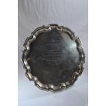 Silver salver, maker BG, Birmingham 1963, engraved inscription to centre, diameter 26cm, 526 grams