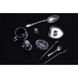 Collection of silver items, various maker's & dates, including jam spoon, blue glass lined mustard p