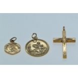 Two 9ct gold St. Christopher pendants & a 9ct gold cross pendant, gross weight 5.38 grams