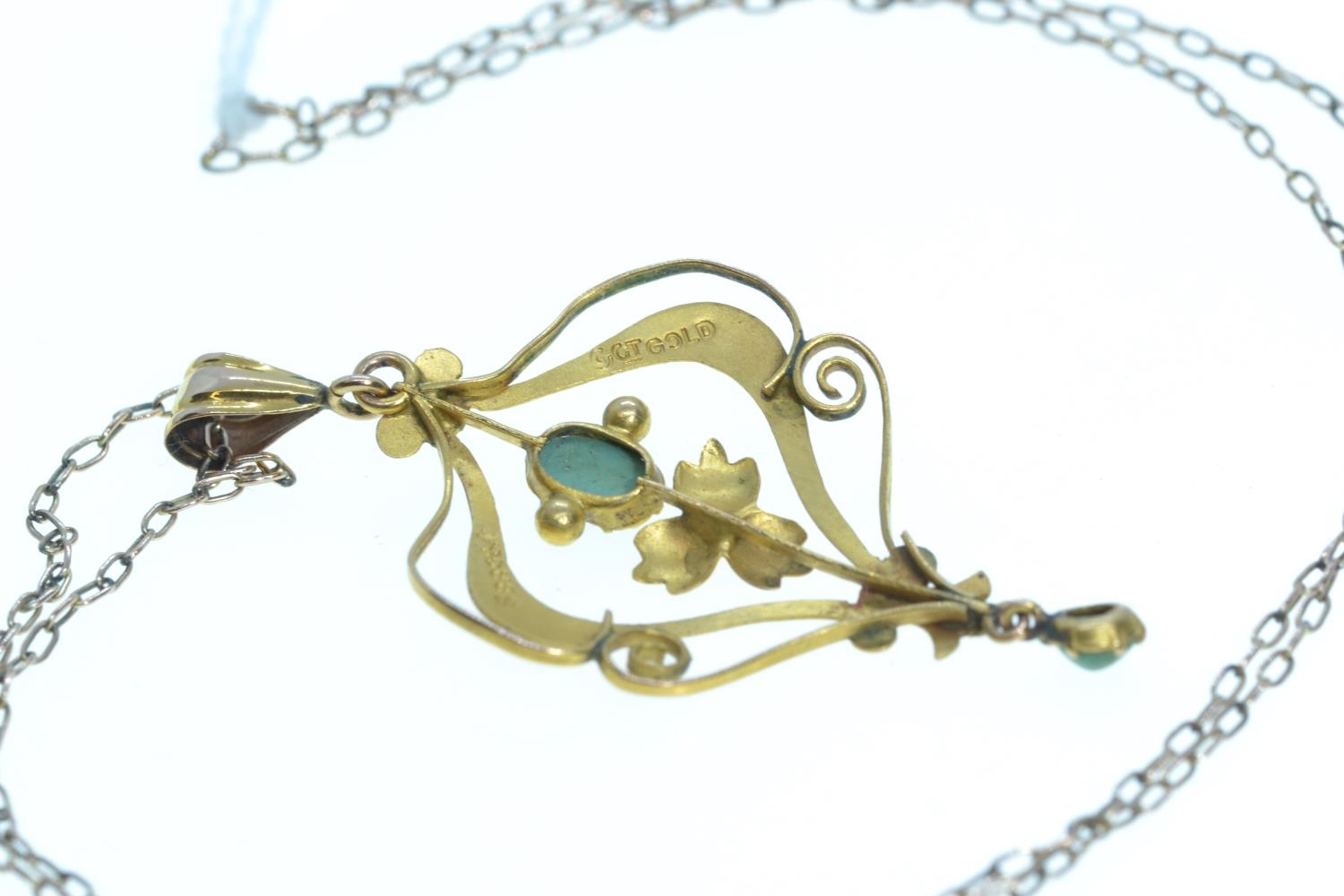 9ct gold & green gem set pendant & chain, pendant length including bale 49mm, chain circumference 43 - Image 2 of 2