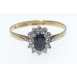 9ct gold, sapphire & white stone cluster ring, size S1/2, 1.73 grams
