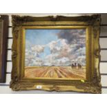 D M Dent- Oil on board of horse riders in a field. 70cm x 58cm overall in gilt frame.