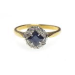 18ct gold cluster ring set with 0.4ct central sapphire & moissanite, size L, 3 grams
