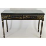 Black & Chinoiserie 2 drawer glass topped console table. W120cm D48cm H82cm