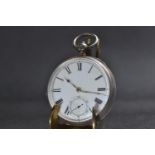 Silver cased open faced key wind pocket watch with subsidiary seconds, case diameter 50mm, with key