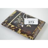 C19th tortoiseshell and mother-of-pearl inlaid card case with hinged lid, 7.5 x 11cm