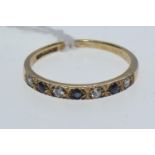 9ct gold, sapphire & white stone half hoop ring, size O, 1.55 grams