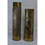 Two WWI trench art vases, 35cm height depicting tulips and 29.5cm height depicting ivy