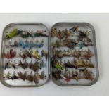 Hardy Bros. Ltd. Alnwick England, fishing flies in tin containing approximately 80 flies, 12.5 x 9.5