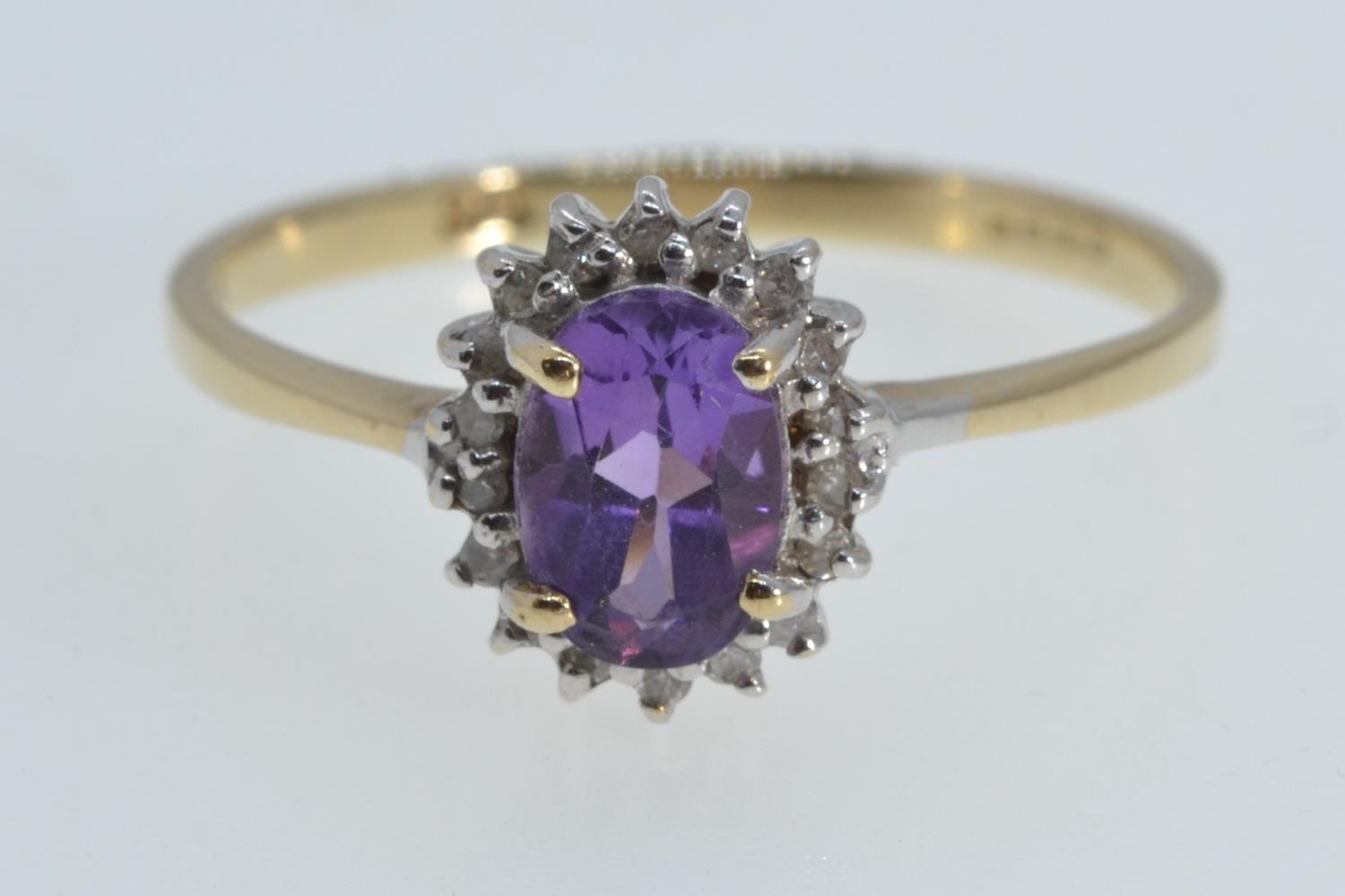 9ct gold, amethyst & diamond cluster ring, size P1/2, 1.7 grams 