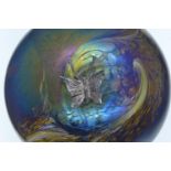 Two John Ditchfield Glasform iridescent glass spherical paperweights with applied hallmarked silver