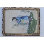 13 Oriental hand painted Pictures of farmers and peasants working in Glass fronted box. (Possibly Ri