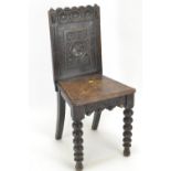 C19 carved oak hall chair. H87cm