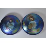 Two John Ditchfield Glasform iridescent glass lily pad paperweights with applied hallmarked silver b