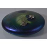 John Ditchfield Glasform iridescent pink glass lily pad paperweight with two applied hallmarked silv