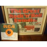 1980 framed Virgin poster of 'The Great Rock'n'Roll Swindle, a novel by Michael Moorcock' together w
