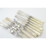 Victorian silver & mother-of-pearl set of six fruit forks & knives, maker HW & Co, Sheffield 1854