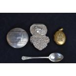 833 silver 'Jerusalem' powder compact, AF, Indian white metal buckle part, silver HM teaspoons & a g