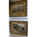 W Taylor- Two  oil paintings on board of a of a moored boat on the waters edge and one of a bridge.