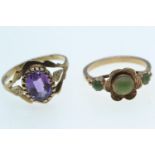 Two 9ct gold rings, each set with green hardstone and an  amethyst, size K & P respectively, gross w