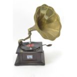 His Masters Voice wind up gramophone with brass horn and winding handle, turntable working, but no n
