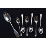 Set of six silver coffee spoons, maker JDWD, Sheffield 1906, together with a William IV dessert spoo