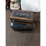 Two cash tins, larger one with key, smaller with internal trays. Smaller tin w30 x d18 x h10