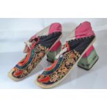 Pair of heeled decorative embroidered Chinese lotus shoes, length approx 20cm