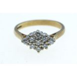 9ct gold & diamond lozenge-shaped cluster ring, size N, 3.04 grams