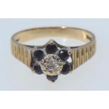 9ct gold, diamond & sapphire flowerhead ring, size P, 3.03 grams