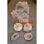 Large stone sample on base 38cm high & 4 crystal geodes.