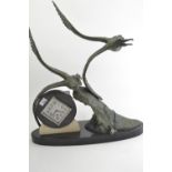 Art Deco mantle clock with spelter gulls, W57 x D19 x H66cm
