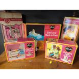 Collection of vintage Pedigree boxed Sindy furniture including; dressing table and stool, chest of d