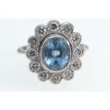 18ct white gold, blue tourmaline & diamond cluster ring, size M, 10 grams