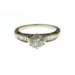 14ct white gold & diamond ring, the approx. 0.80 carat brilliant-cut diamond claw-set between baguet