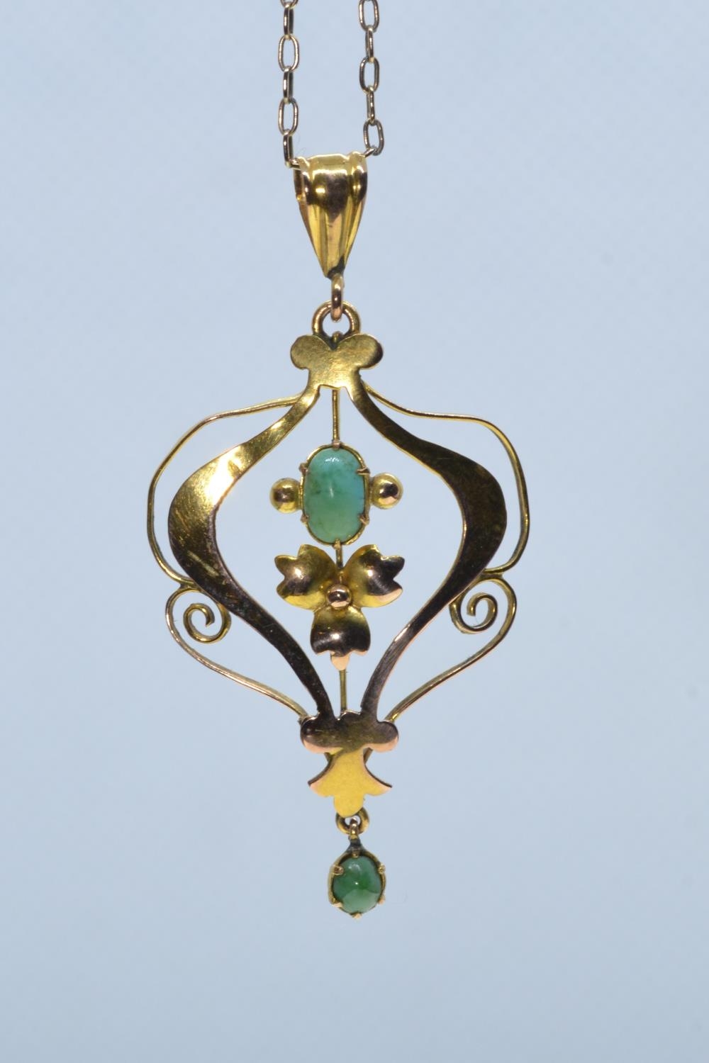 9ct gold & green gem set pendant & chain, pendant length including bale 49mm, chain circumference 43