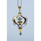9ct gold & green gem set pendant & chain, pendant length including bale 49mm, chain circumference 43