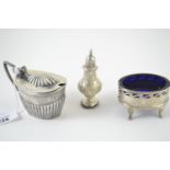 Three silver cruet pieces, including: clear glass lined mustard pot, maker TG, London 1893; blue gla